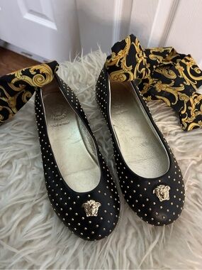 Versace Black and Gold Studded Ballet Flats with Medusa Charm